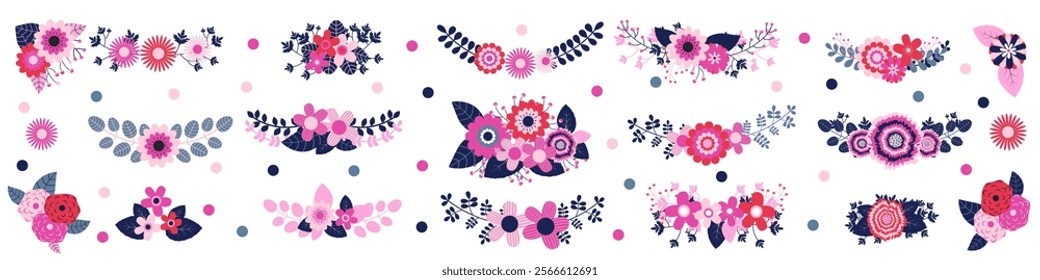 Vector set with floral bouquets in pink and dark blue colors, flowers, leaves, twigs graphic design elements