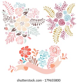 Vektorillustration mit Blumenstrauß und romantischen grafischen Elementen. Retro Blumen.