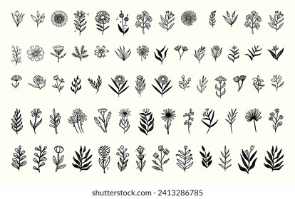 Vector set of floral branch doodle line art vector illustration