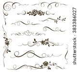 Vector set of floral calligraphic elements, dividers and rose ornaments for page decoration and frame design. Decorative silhouette for wedding cards and invitations. Vintage flowers and leaves