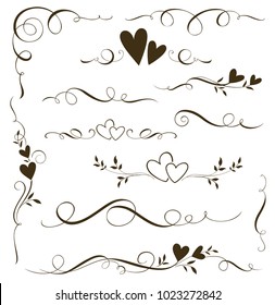 Vector set of floral calligraphic elements, dividers and love ornaments for page decoration and frame design. Decorative heart silhouette for wedding cards and invitations. 
