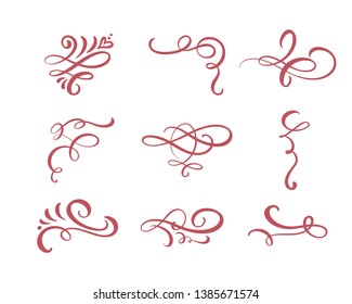 Vector set of floral calligraphic elements, dividers and flourish ornaments for page decoration and frame design. Decorative silhouette for wedding cards and invitations. Vintage flowers and leaves