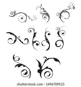 Vector set of floral calligraphic elements, dividers and rose ornaments for page decoration and frame design. Decorative silhouette for wedding cards and invitations. Vintage flowers and leaves.