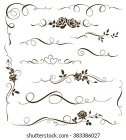 Vector set of floral calligraphic elements, dividers and rose ornaments for page decoration and frame design. Decorative silhouette for wedding cards and invitations. Vintage flowers and leaves