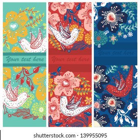 vector set of floral cards with blooming flowers and flying birds