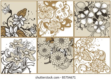 vector set of floral cards with blooming fantasy flowers