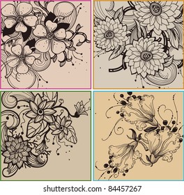 vector set of floral cards with fantasy blooming flowers