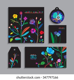 Vector set of floral cards with flowers.Invitation, gift tag, label, banner. Beautiful freehand colorful illustrations.Design for poster, card, invitation, placard, brochure, flyer with place for text