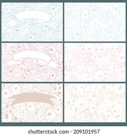 vector set of floral cards with hand drawn flowers and birds