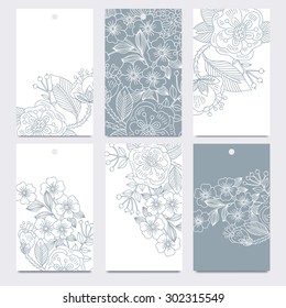 vector set of floral cards with hand drawn linear plants and flowers