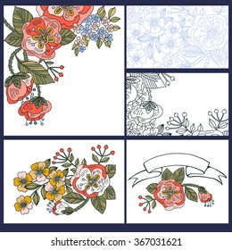 vector set of  floral cards with hand drawn blooms, plants and berries