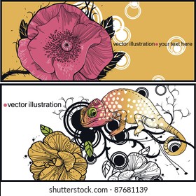 vector set of floral cards with a red blooming poppy and a  colorful chameleon