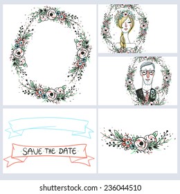 vector set of floral cards with vintage ribbons, portraits and floral elements for a  wedding design