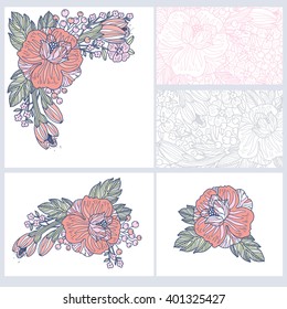 vector set of floral cards with vintage hand drawn roses. Can be used in a wedding design.