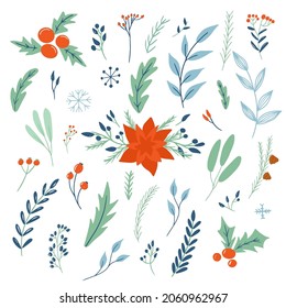 Vektorset von Blumenweihnachtsdekorationen. Paket mit Blumen, Ästen und Kiefern. . Kinder-Illustration. Scrapbook-trendige Kollektion.