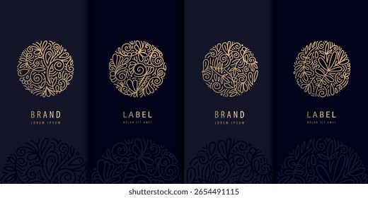 Vector set of floral circle line logos, golden spa plant design, round tea herbal labels. Beauty swirl flower icons, nature emblems