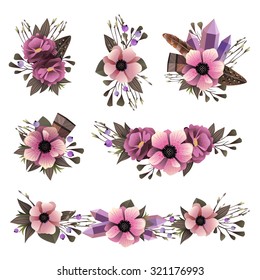 Vector set of floral compositions with poppies, feathers, crystals and roses. Set of vintage floral buttonholes. Floral elements for your design invitations, greeting cards, wedding cards.