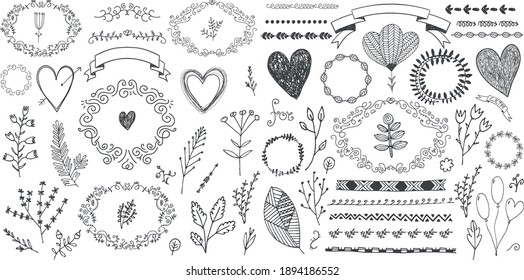 Vector set of floral decor, hand drawn doodle frames, dividers, borders, elements. Isolated. Romantic vintage collection