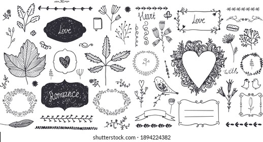 Vector set of floral decor, hand drawn doodle frames, dividers, borders, elements. Isolated. Romantic vintage collection