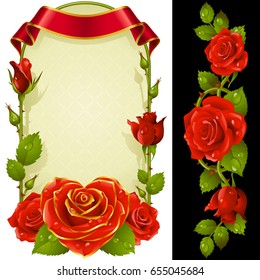 Vector Set of Floral Decoration. Red Roses, Green Leaves and Curly Ribbon. One of Flowers in Heart Shape with Golden Border. Valentines Day Card or Wedding Invitation Isolated on Background