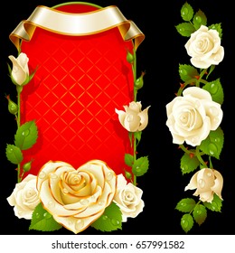 Vector Set of Floral Decoration. White Roses, Green Leaves and Curly Ribbon. One of Flowers in Heart Shape with Golden Border. Valentines Day Card or Wedding Invitation Isolated on Background