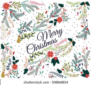 Vector Set of Floral Decorations for Christmas or the Winter Holidays