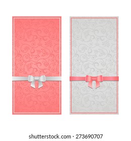 Vector set of floral decorative background with bow ribbon, template frame design for card, brochure, book, business card, postcard, wedding invitation, banner.