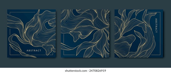 Vector set of floral design backgrounds, square gold on black frames. Flower, leaves ornaments, royal borders, nature line illustrations. Elegant perfume, wedding, beauty art deco package