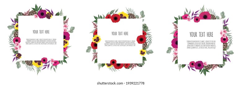 Vektordesign-Karte mit Blumenmuster. Gruß, Postkarte Hochzeit Einladung Vorlage. Eleganter Rahmen mit Rose und Anemon