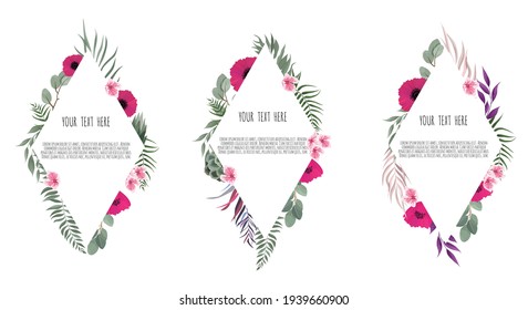 Vector set floral design card. Greeting, postcard wedding invite template. Elegant frame with rose and anemone