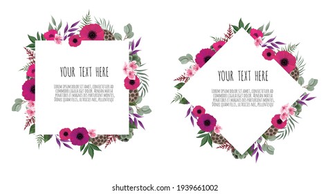 Vector set floral design card. Greeting, postcard wedding invite template. Elegant frame with rose and anemone