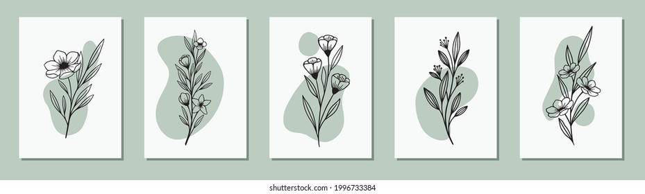 Vector set floral design card. Greeting, postcard wedding invite template. Elegant frame with rose and anemone