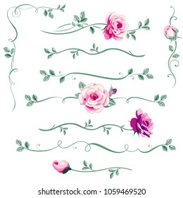 Vector set of floral dividers, calligraphic elements, decorative rose pattern for wedding invitation design and page decor