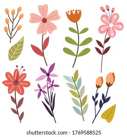 Vector set of floral element with hand drawn flower