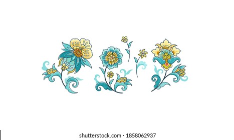 Vector set with floral elements, arabesque for design template. Luxury ornament in Eastern style. Turquoise flower illustration. Ornamental decor for invitation, greeting card, ornaments background.