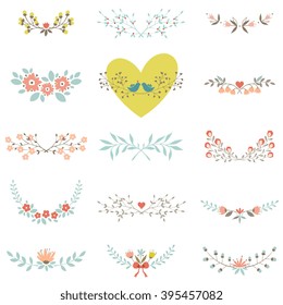Vector set of floral elements with branches, leaves, flowers, birds and hearts. Good for spring and summer greeting cards, scrapbook, floral laurels, logos and wedding graphic design.