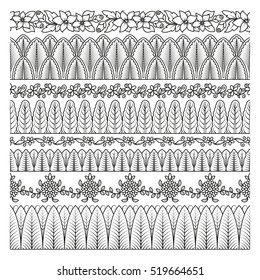 Vector set of floral elements for ethnic decor. Seamless patterns for frames, borders and backgrounds. Detailed decorative motifs. Black and white colors.
