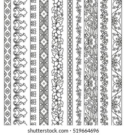 Vector set of floral elements for ethnic decor. Seamless patterns for frames, borders and backgrounds. Detailed decorative motifs. Black and white colors.