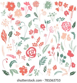 Vector set with floral elements. Flowers, leaves, branches, plant, petals isolated on white. Beautiful hand drawn doodle botanical illustration. Perfect for invitations, greeting cards, quotes, blogs.