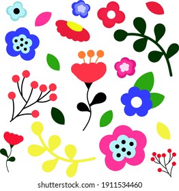 Vector set of floral elements with hand flowers.
