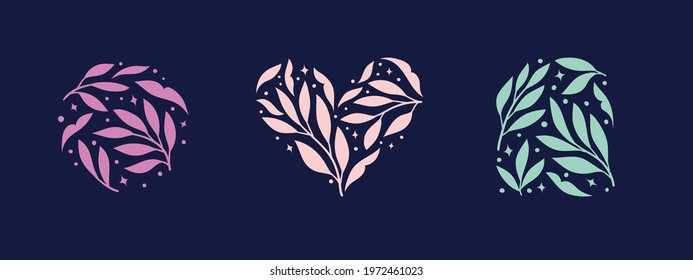 Vector set of floral elements design.  Modern illustration with leaves for template, logo, print design, social media.