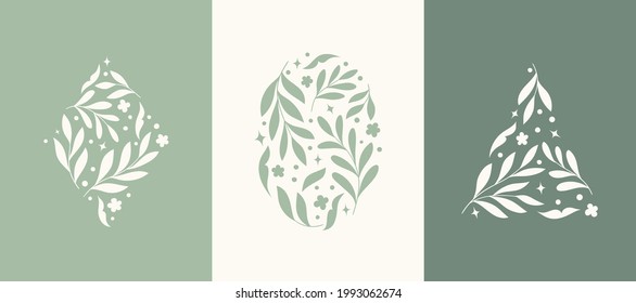 Vector set of floral elements design.  Modern illustration with leaves for template, logo, print design, social media.
