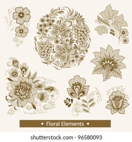 Vector set of floral elements and patterns