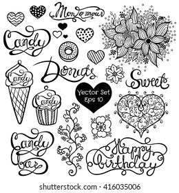 Vector set with floral elements for your graphic projects. Ice cream, hearts, cupcake, donuts, flower. Calligraphy text, lettering design, typography collection. Isolated black and white.
