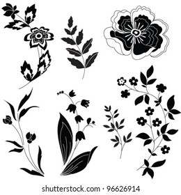 vector set of floral and flowers black and white silhouette
