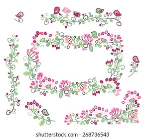 Vector set floral frame, birds and design elements  pink and green colors.