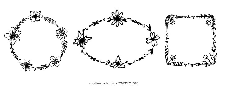 Vector set with floral frame in line doodle style