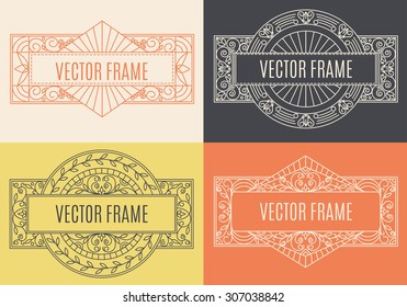 Vector set of floral frame in mono line style with copy space for text - logo design template