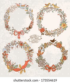 vector set of floral frames with birds and blooming flowers