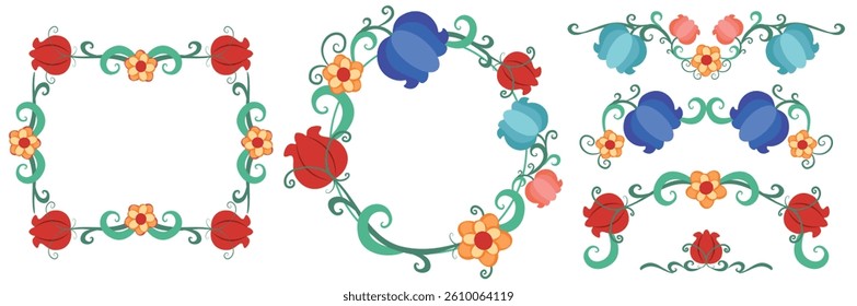 Vector set of floral frames, page dividers, borders, and decorative elements from colorful various ornamental flowers and leaves.